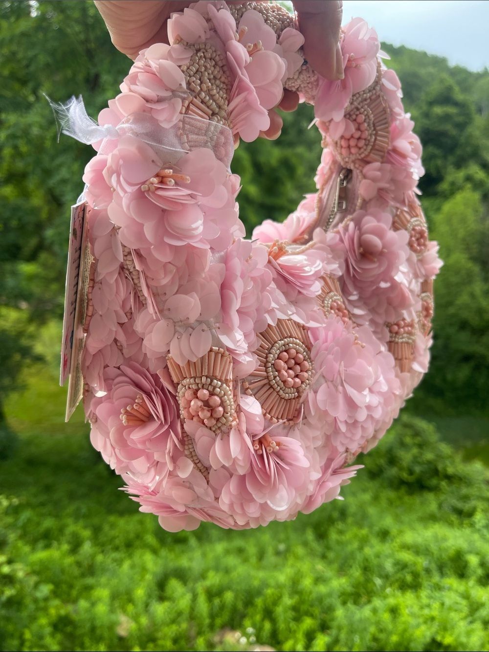 Viral Beaded Bag - Pink Floral Beaded Handle Women's Handbag - Picture 4 of 5